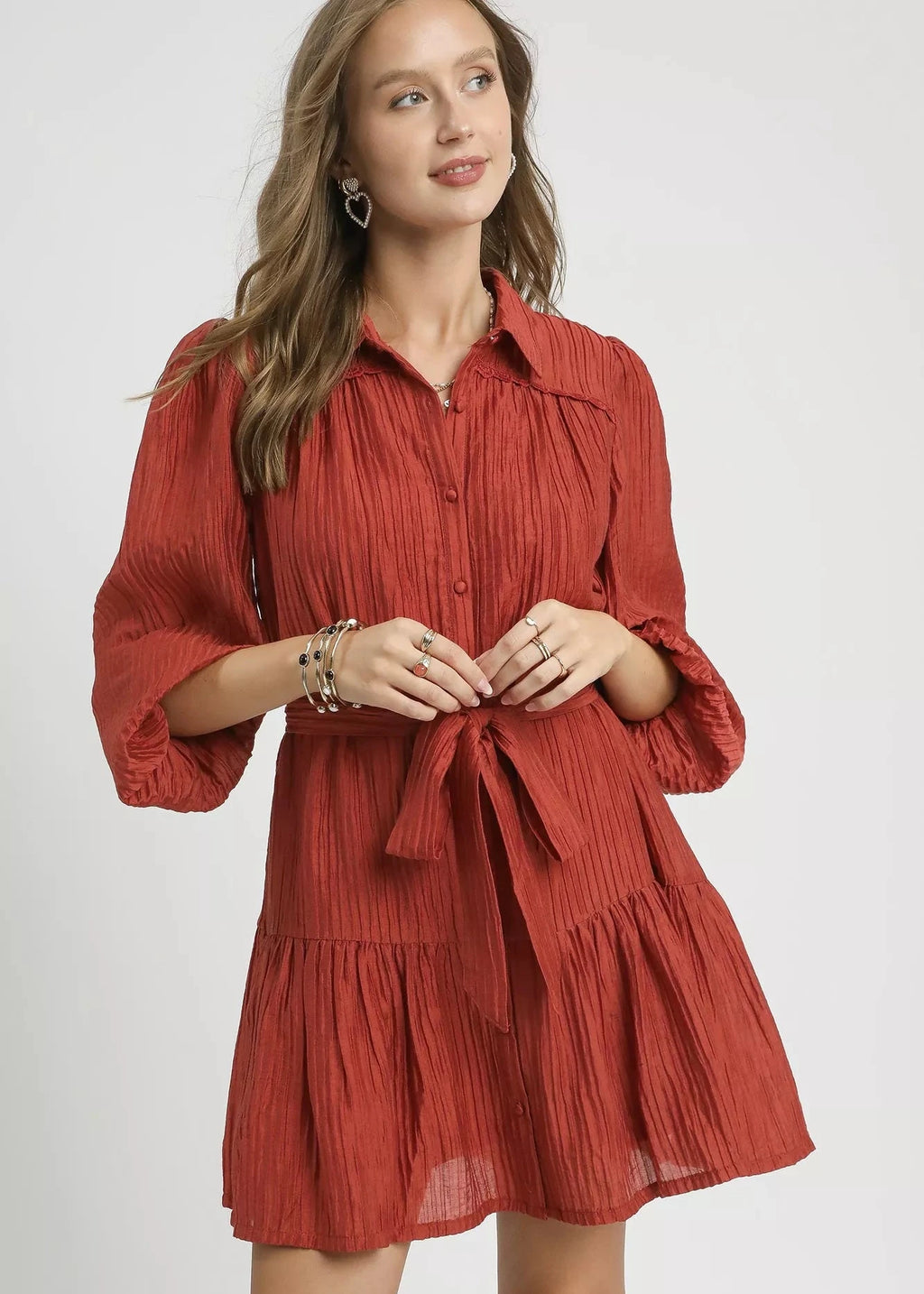 Crinkle Button-Front Tiered Mini Dress with Waist Tie.