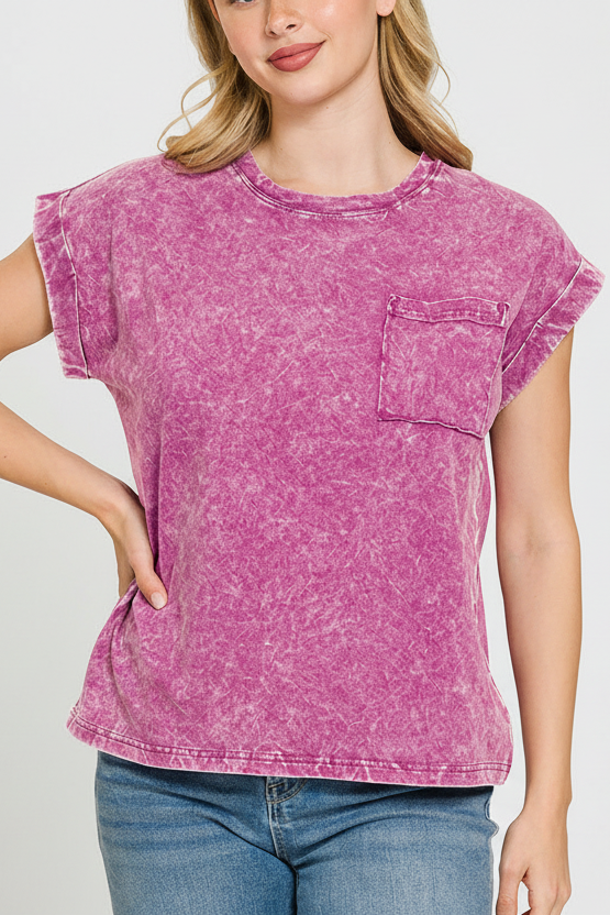 Full Size Crinkle Washed Round Neck Folded Short Sleeve Tee Plus Size