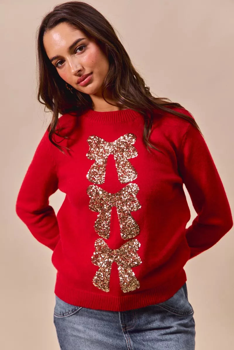 Sequins Bow Ribbon Embellished Christmas Sweater.