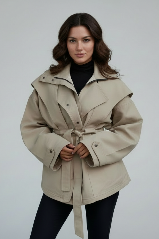 Tie Waist Snap Down Trench Coat