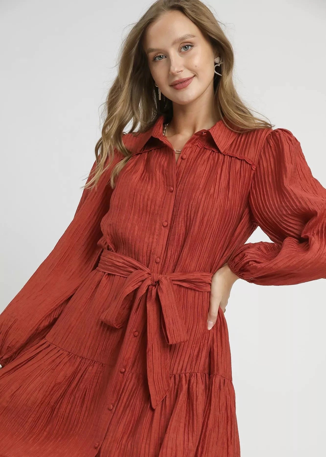 Crinkle Button-Front Tiered Mini Dress with Waist Tie.