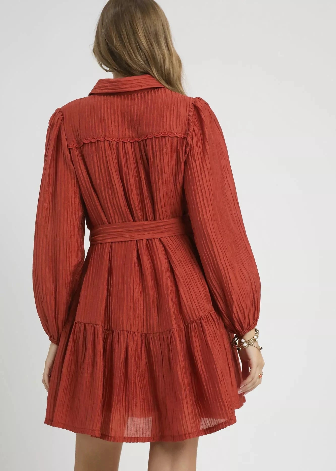 Crinkle Button-Front Tiered Mini Dress with Waist Tie.