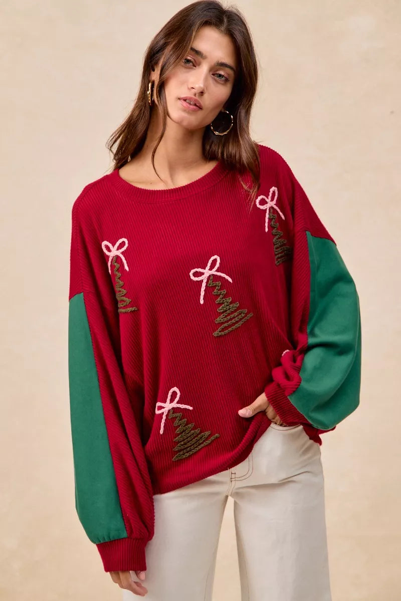 Christmas Theme Tree Embroidered Sweater.
