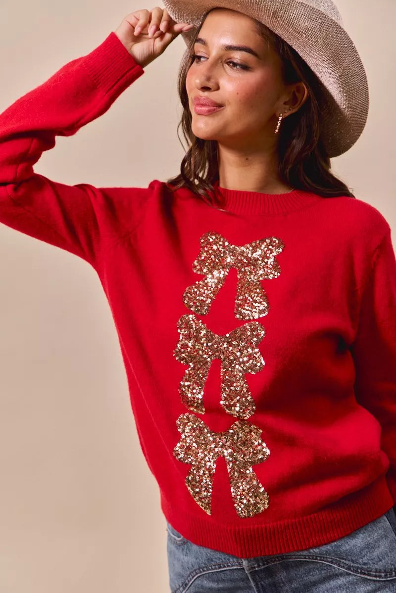Sequins Bow Ribbon Embellished Christmas Sweater.