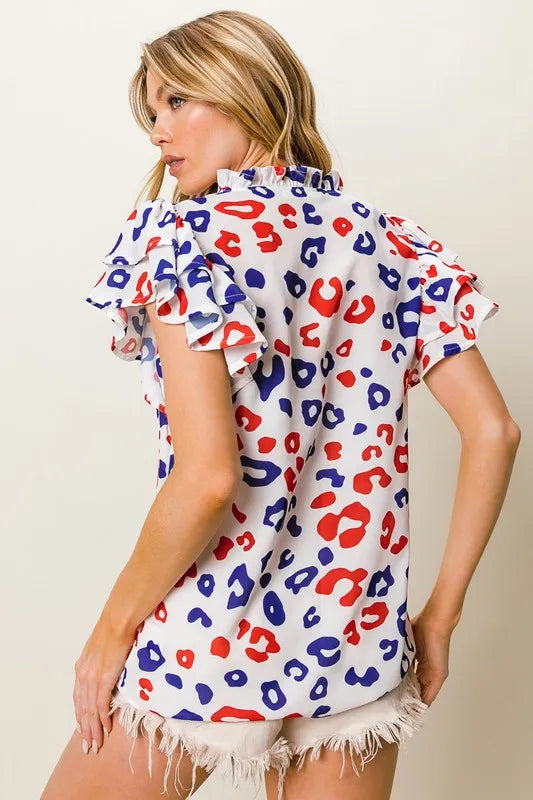 Leopard Notched Ruffled Cap Sleeve Blouse.