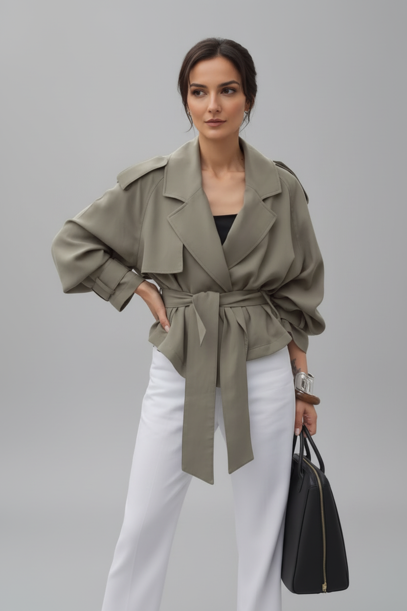 Lapel Collar Tie Waist Trench Jacket