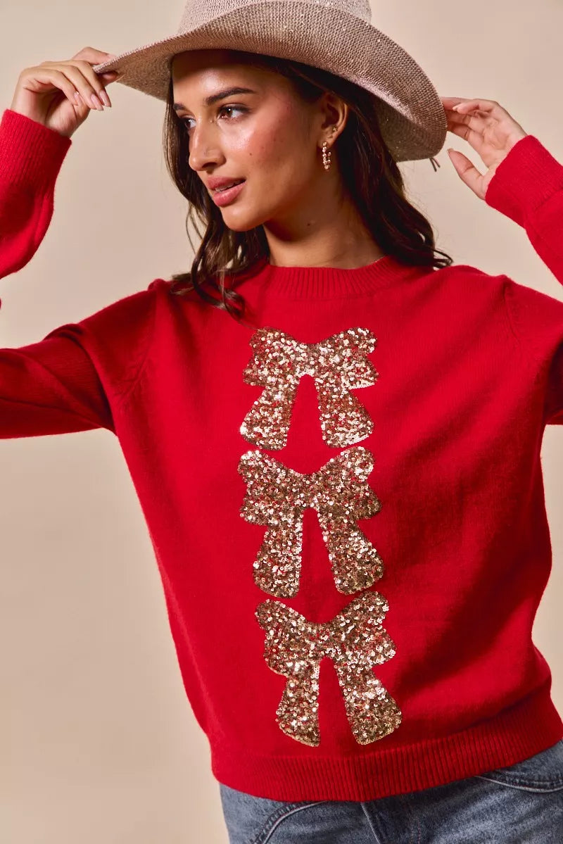 Sequins Bow Ribbon Embellished Christmas Sweater.