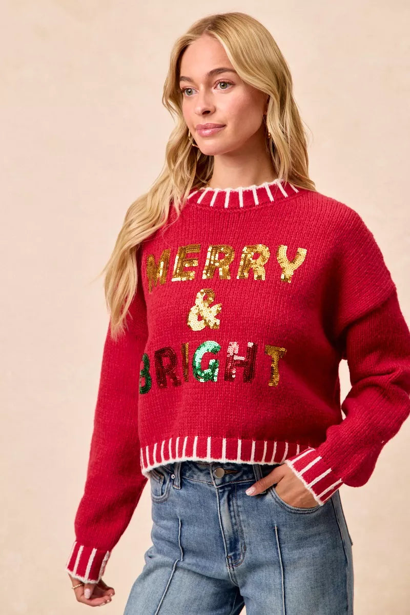Christmas Theme Sequin Lattering Sweater.