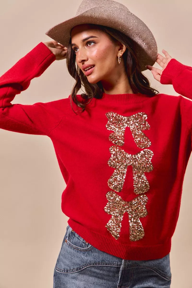 Sequins Bow Ribbon Embellished Christmas Sweater.