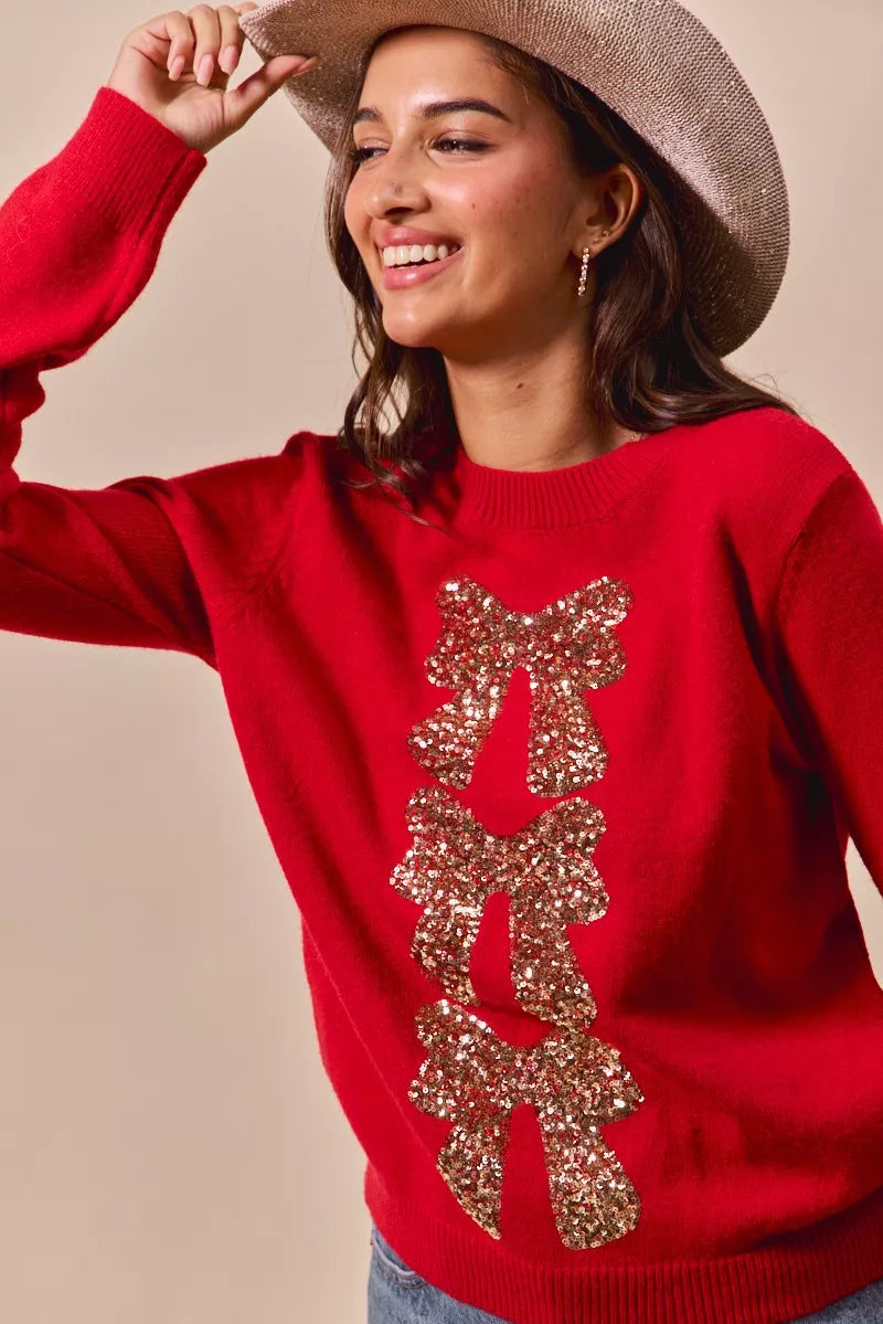 Sequins Bow Ribbon Embellished Christmas Sweater.