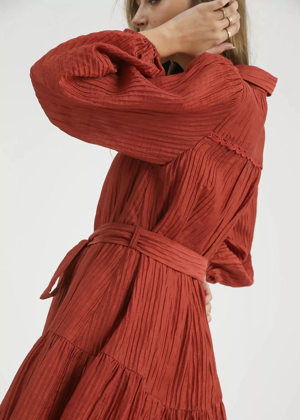 Crinkle Button-Front Tiered Mini Dress with Waist Tie.