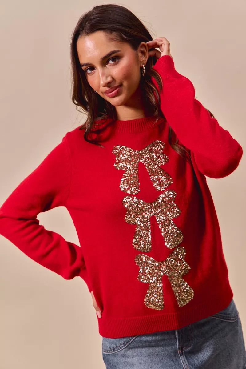 Sequins Bow Ribbon Embellished Christmas Sweater.