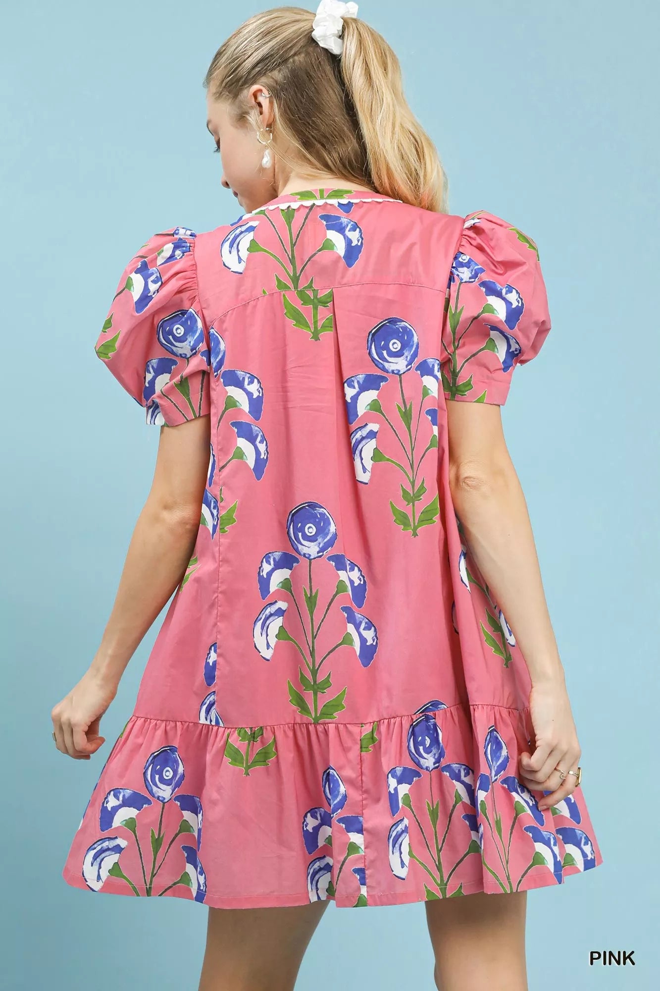 Floral Print Puff Sleeve Mini Dress with Scallop Trim.