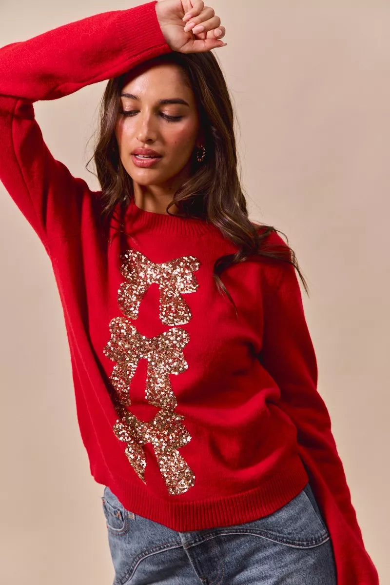 Sequins Bow Ribbon Embellished Christmas Sweater.