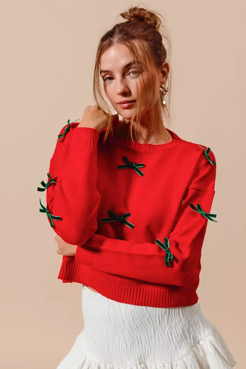 Ribbon Bow Appliqué Holiday Sweater.