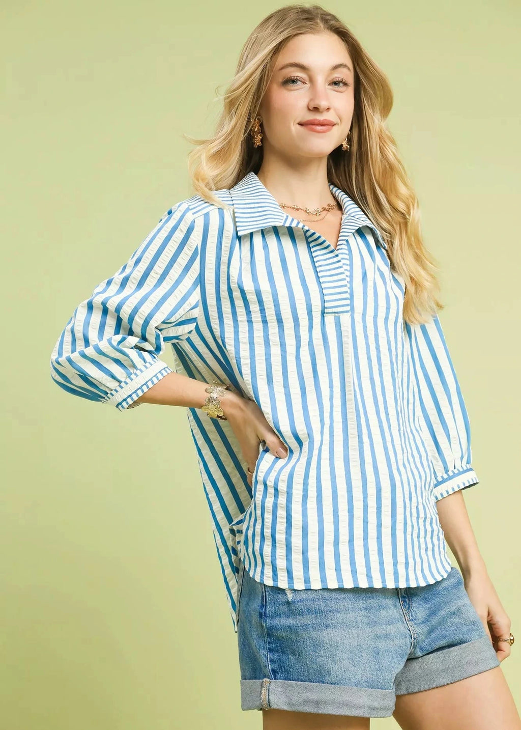 Striped Collared Neck Blouse.