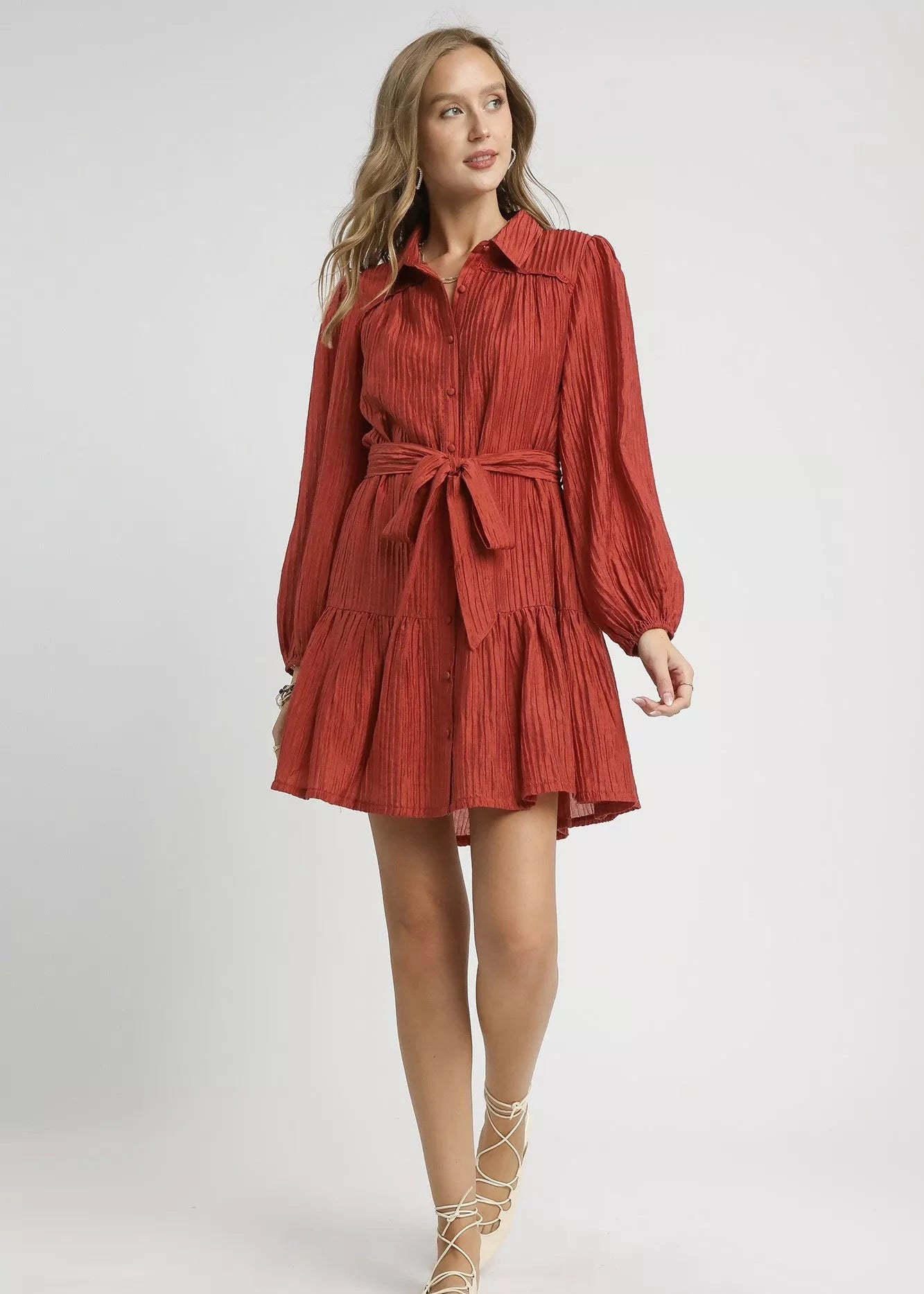 Crinkle Button-Front Tiered Mini Dress with Waist Tie.