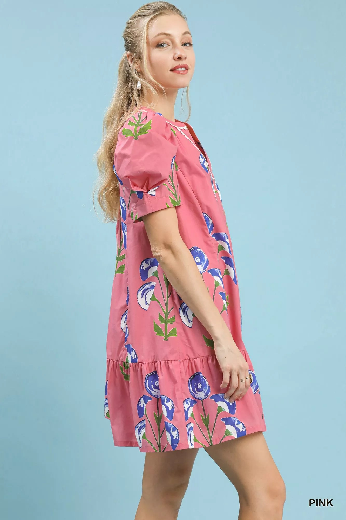 Floral Print Puff Sleeve Mini Dress with Scallop Trim.