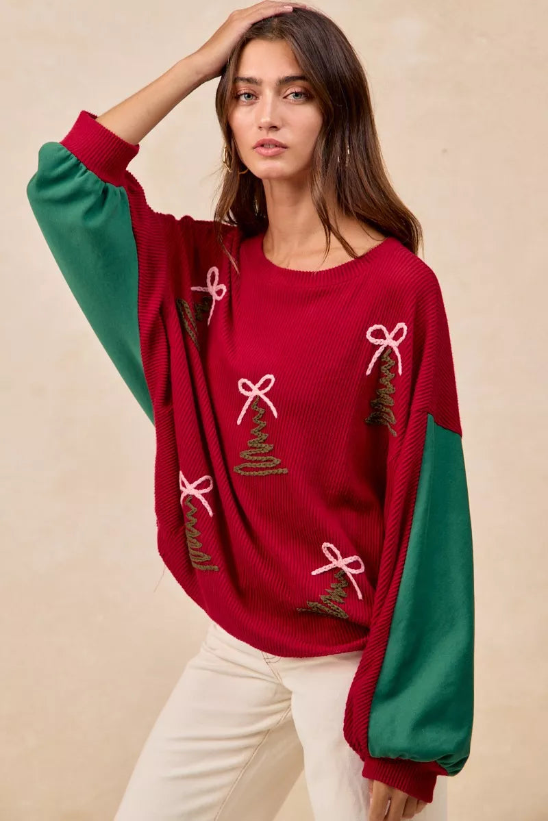 Christmas Theme Tree Embroidered Sweater.